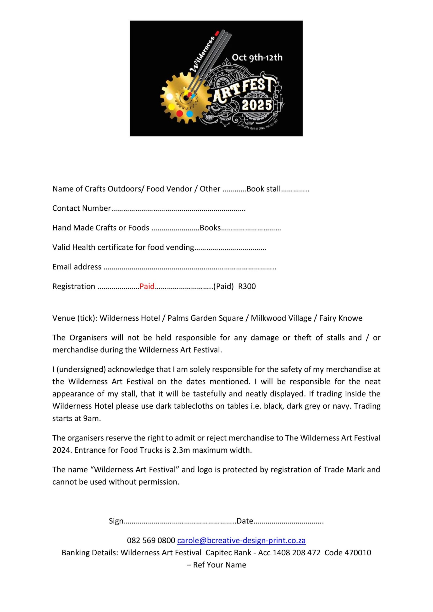Wilderness Art Festival Registration Forms