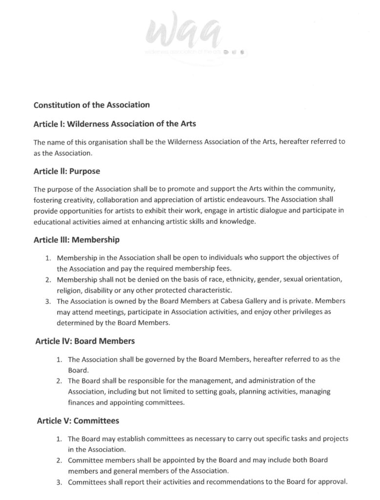 Constitution of the Art Association Wilderness Art Festival 2026